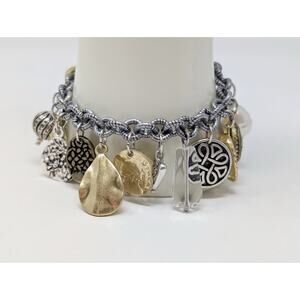 Chico's Charm Bracelet Celtic Heart Faux-pearl Coin Chain Link Mixed Tone 7" New